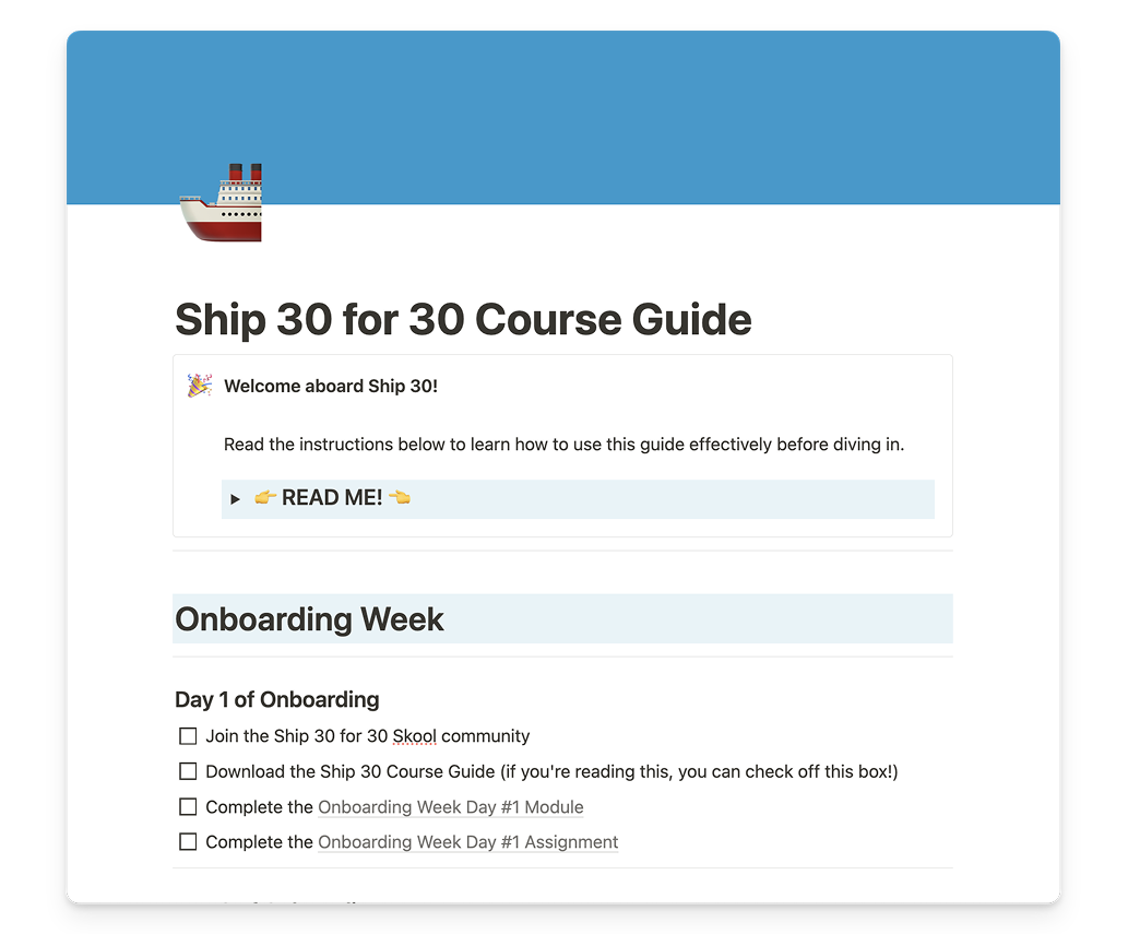 Ship 30 Course Guide with onboarding checklist