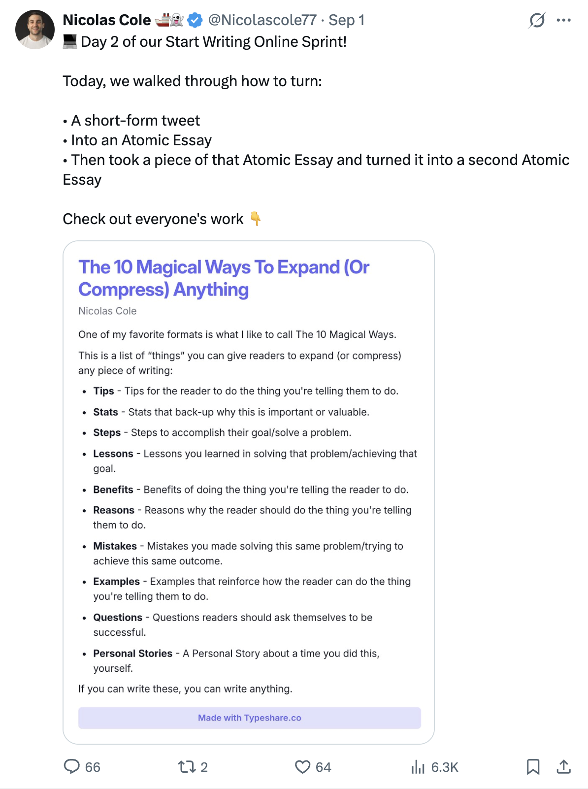A real writing example shared during the Start Writing Online Sprint